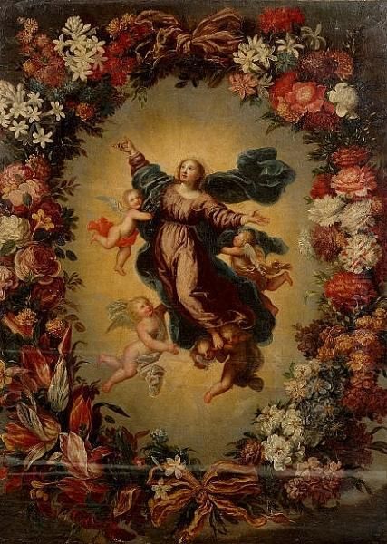 The Assumption Of The Virgin Within A Floral Surround Oil Painting by Mario Nuzzi Mario Dei Fiori