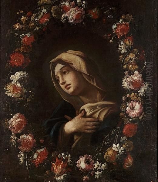 The Madonna Surrounded By A Garland Of Flowers Oil Painting by Mario Nuzzi Mario Dei Fiori