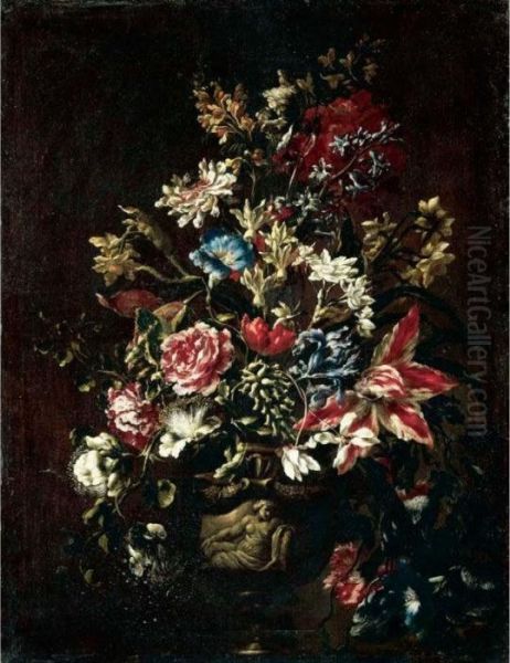 A Still Life Of Carnations, 
Lilies, Peonies, Irises And Other Flowers In Stone Urn On A Pedestal Oil Painting by Mario Nuzzi Mario Dei Fiori