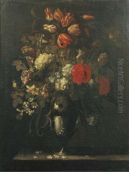 Garofani, Tulipani, Campanule E 
Altri Fiori In Un Vaso Di Metallosu Un Piano Di Pietra E Piccoli Uccelli Oil Painting by Mario Nuzzi Mario Dei Fiori