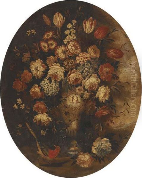 Roses, Tulips And Other Mixed Flowers In A Chinese Vase With Abird Oil Painting by Mario Nuzzi Mario Dei Fiori