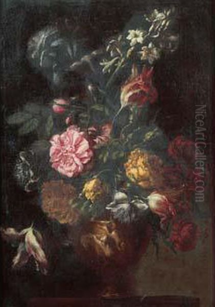 Bouquet De Fleurs Dans Un Vase Sculpte Sur Un Entablement Oil Painting by Mario Nuzzi Mario Dei Fiori