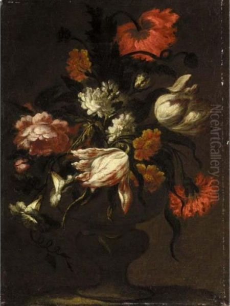 Flower Still Life, Including Roses And Tulips, In A Stone Vase Oil Painting by Mario Nuzzi Mario Dei Fiori