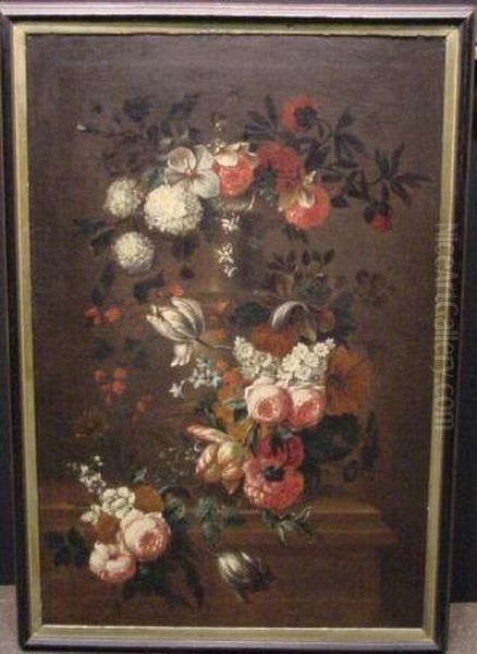 Floral Still Life With Urn On A Ledge Oil Painting by Mario Nuzzi Mario Dei Fiori