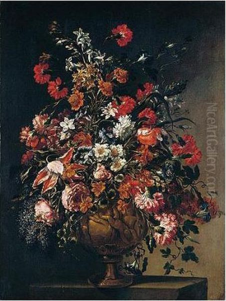 A Still Life Of Various Flowers In An Ormolu Vase With Putti Oil Painting by Mario Nuzzi Mario Dei Fiori