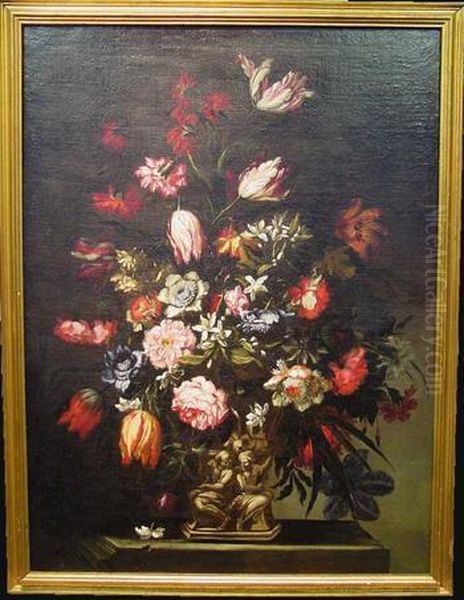 Floral Still Life With Tulips, 
Carnations, Daffodils, Peonies Andother Flowers In A Figural Vase Oil Painting by Mario Nuzzi Mario Dei Fiori