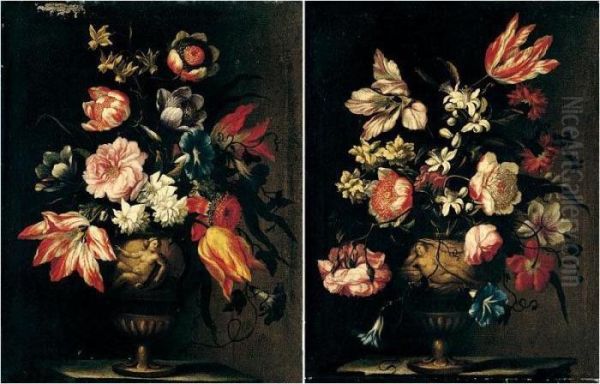 Still Lifes Of Various Flowers 
In Terracotta Vases With Female Figures In Relief, Upon Stone Plinths by Mario Nuzzi Mario Dei Fiori