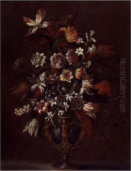 Still Life Of Flowers In A Sculpted Vase Oil Painting by Mario Nuzzi Mario Dei Fiori