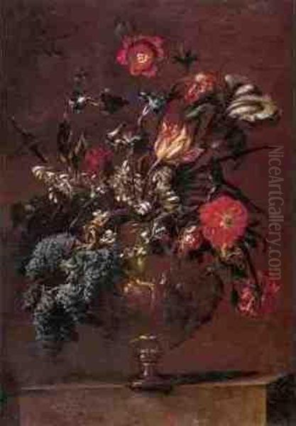 Still Life Of Flowers In A Sculpted Vase Oil Painting by Mario Nuzzi Mario Dei Fiori