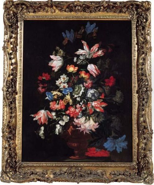 Tulips, Carnations, Chrysanthemums And Other Flowers In A Sculpted Vase On A Stone Ledge Oil Painting by Mario Nuzzi Mario Dei Fiori