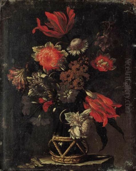 Parrot Tulips, Chrysanthemums, A Thistle, And Other Flowers In Avase On A Stone Ledge Oil Painting by Mario Nuzzi Mario Dei Fiori