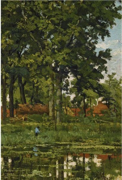 A Figure In A Wooded Landscape Oil Painting by Jacob Henricus Maris