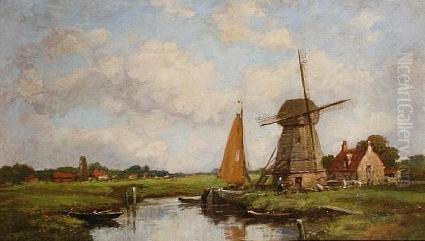 A Windmill In A Canal Landscape Oil Painting by Jacob Henricus Maris