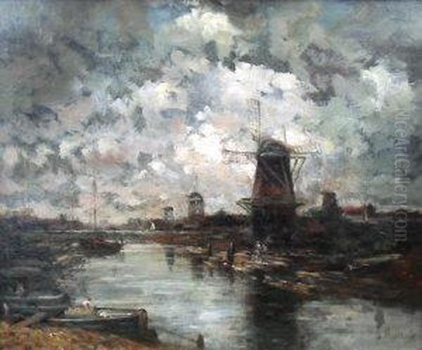 Figures In A Dutch River Landscape With Windmills Oil Painting by Jacob Henricus Maris