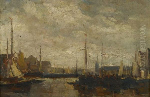 A Dutch Port Oil Painting by Jacob Henricus Maris