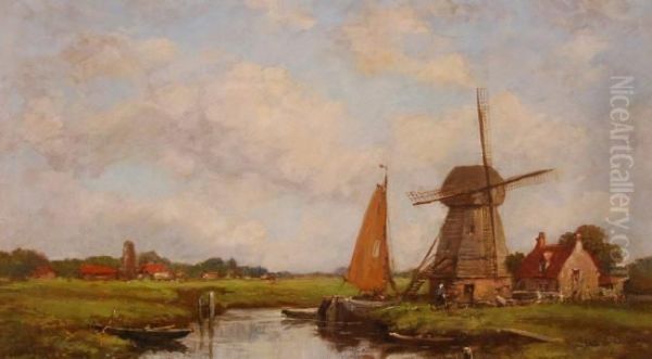 Dutch River Scene With Windmill Oil Painting by Jacob Henricus Maris