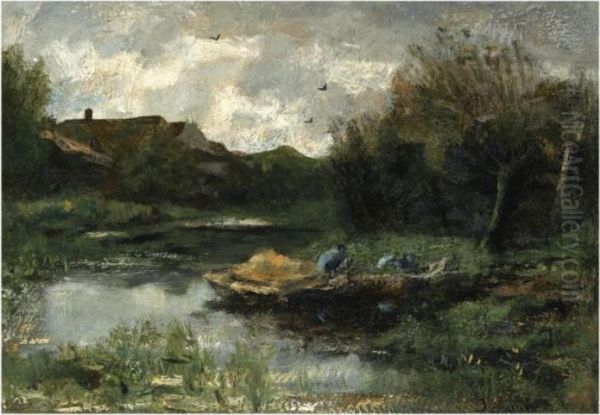 A Summer Landscape With A Peasant In A Barge Oil Painting by Jacob Henricus Maris