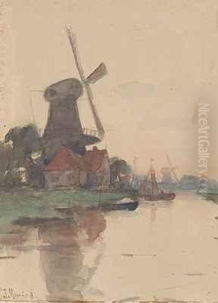 Abend Uber Windmuhlen Am Kanal Oil Painting by Jacob Henricus Maris