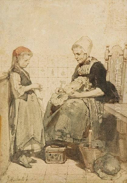 Helping Grandmother Oil Painting by Jacob Henricus Maris