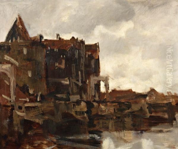 Huizen Aan De Gracht Oil Painting by Jacob Henricus Maris