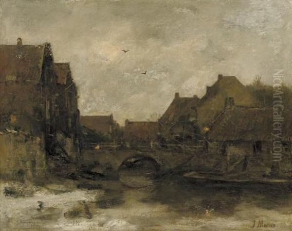 Oude Huizen In Delft: Nightfall In Winter Oil Painting by Jacob Henricus Maris