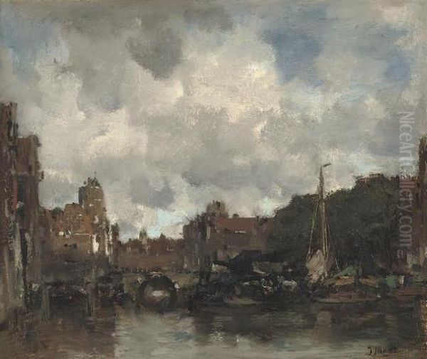 A Dutch Harbour Town Oil Painting by Jacob Henricus Maris