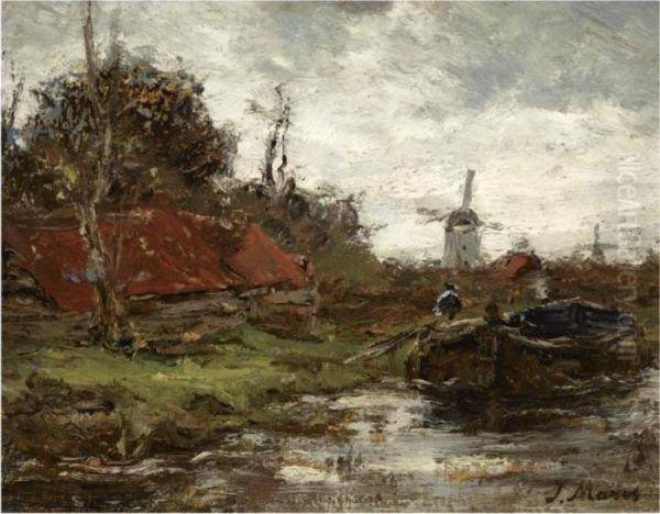 A Polder Landscape With Figures In A Boat Oil Painting by Jacob Henricus Maris