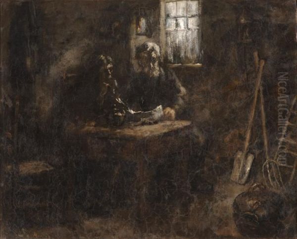 Stubeninterieur Mit Bauernpaar. Oil Painting by Jacob Henricus Maris