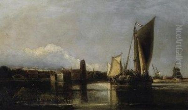 Evening In Front Of Dordrecht. Incoming Boats On The Water Oil Painting by Jacob Henricus Maris