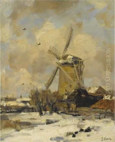 A Windmill In A Winter Landscape Oil Painting by Jacob Henricus Maris