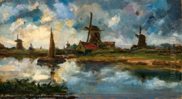 View Of A Mill By The Water At Sunset Oil Painting by Jacob Henricus Maris