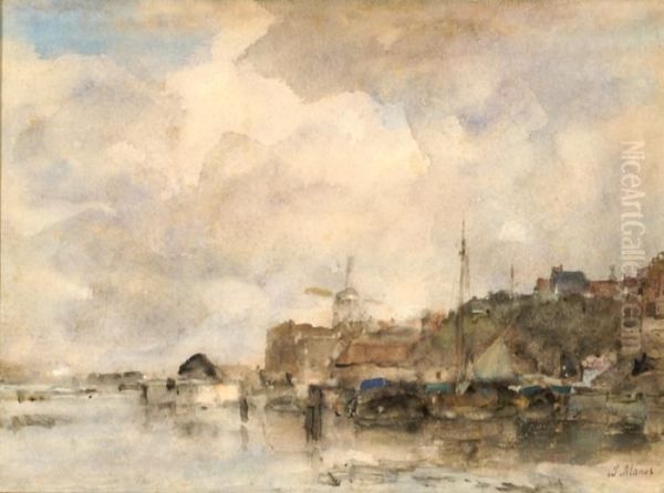 View Of The Harbour Of A Dutch City Oil Painting by Jacob Henricus Maris