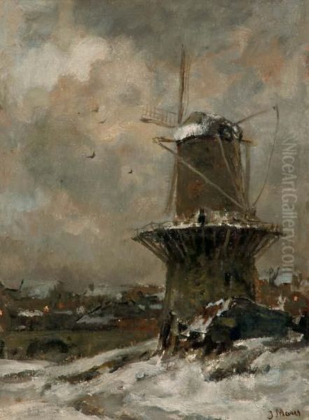 Korenmolen In Besneeuwd Landschap Bij Avond: A Windmill In The Snow Oil Painting by Jacob Henricus Maris