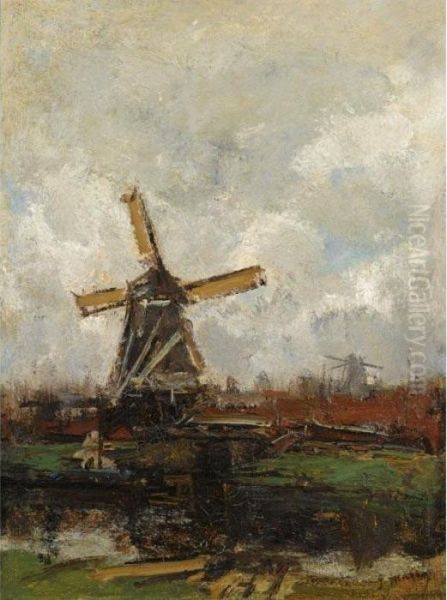 A Windmill In A Polder Landscape Oil Painting by Jacob Henricus Maris