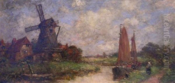 Dutch Landscape With Windmill Oil Painting by Jacob Henricus Maris