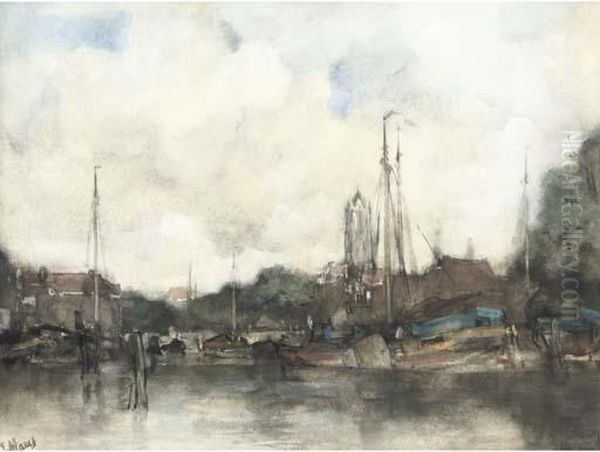 A View Of A Dutch Harbour Town Oil Painting by Jacob Henricus Maris