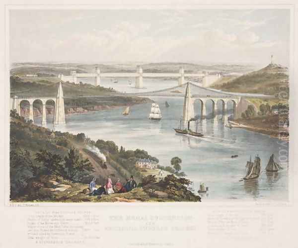 The Menai Suspension and the Britannia Tubular Bridges, c.1855 Oil Painting by Thomas Picken