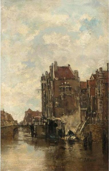 A Washer Woman On A Canal In Dordrecht Oil Painting by Jacob Henricus Maris