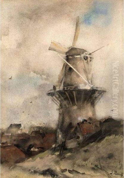 A Windmill In A Polder Landscape Oil Painting by Jacob Henricus Maris