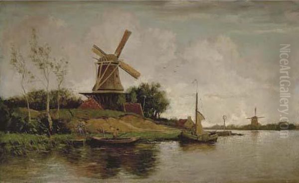 Windmill In Dutch Landscape Oil Painting by Jacob Henricus Maris