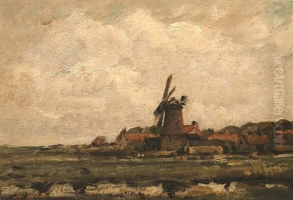 'a Open Landscape With A Windmill'. Oil Painting by Jacob Henricus Maris