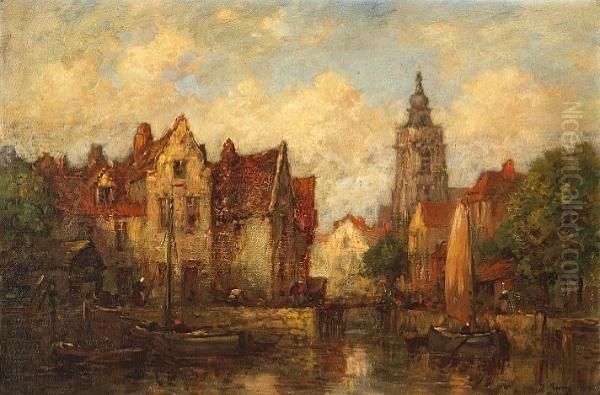 A Dutch Town Scene With Boats On A Canal Oil Painting by Jacob Henricus Maris