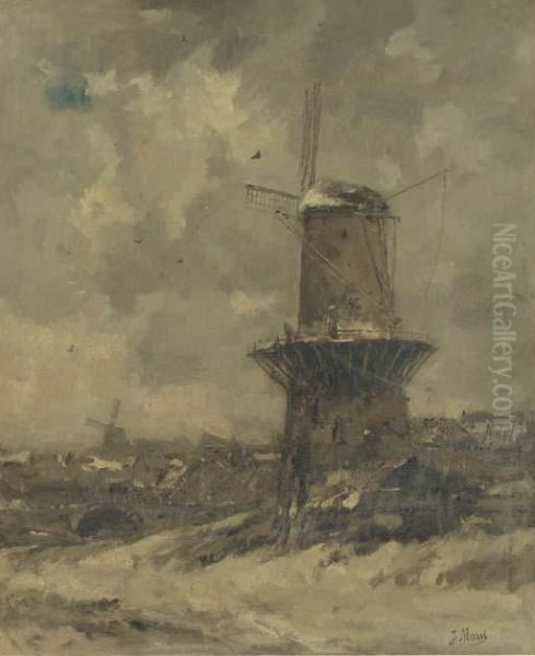 A Windmill In The Snow Oil Painting by Jacob Henricus Maris