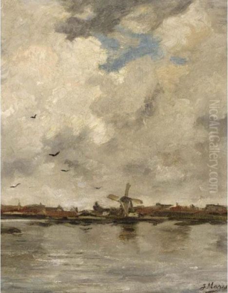 A Windmill In A Polder Landscape Oil Painting by Jacob Henricus Maris