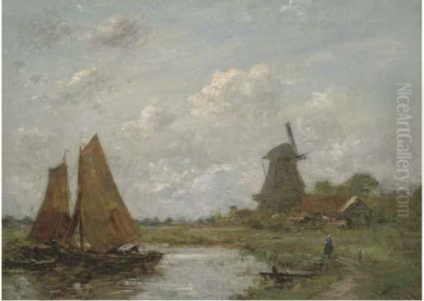 Setting Sail Beside A Windmill Oil Painting by Jacob Henricus Maris