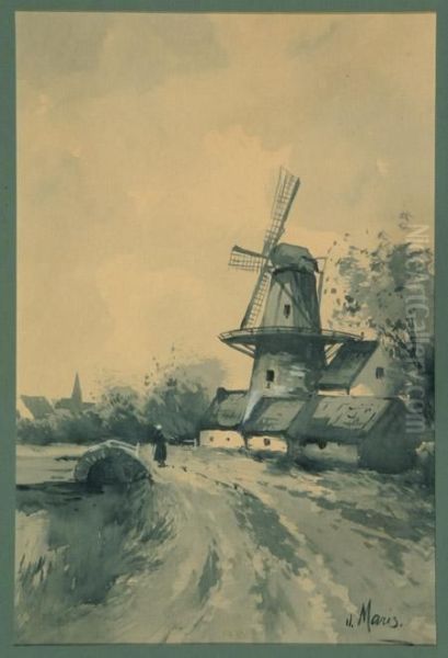 Woman On A Dirt Road With Windmill Oil Painting by Jacob Henricus Maris