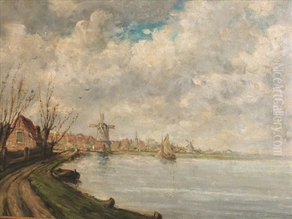 A View Of A Distant Town, Possibly Dordrecht Oil Painting by Jacob Henricus Maris