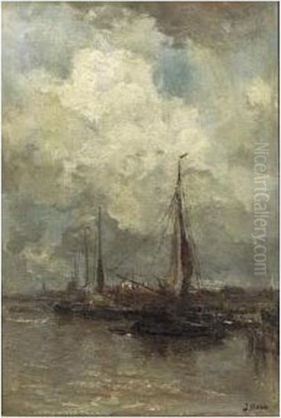 Moored Sailingboats Oil Painting by Jacob Henricus Maris