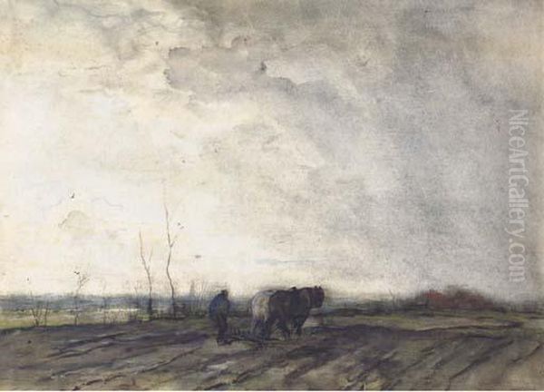 A Farmer Ploughing A Field Oil Painting by Jacob Henricus Maris