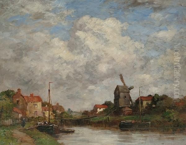 A Dutch Canal Scene Oil Painting by Jacob Henricus Maris